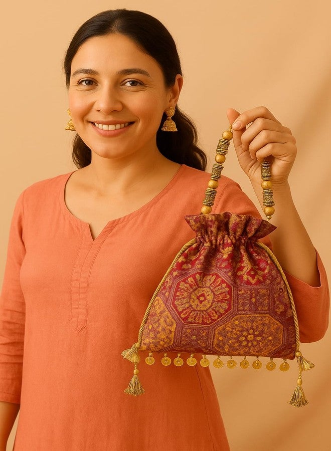 KitchEase Women’s Designer Brocade Potli Bag for Weddings & Festive | Ethnic Bridal Potli with Beaded Handle & Drawstring | For Indian Traditional Brides (Multicolour) - Image 4